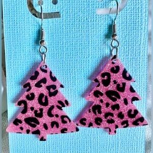 New Pink Leopard Christmas Tree Glitter Retro 80s Style Acrylic Earrings - 2.25”